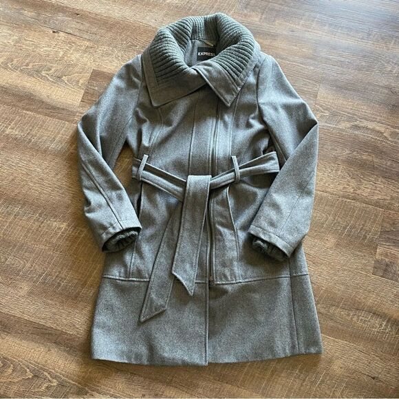 Express Coat Gray Midi Length Sweater Collar Asymmetrical Classy Medium - Picture 6 of 13